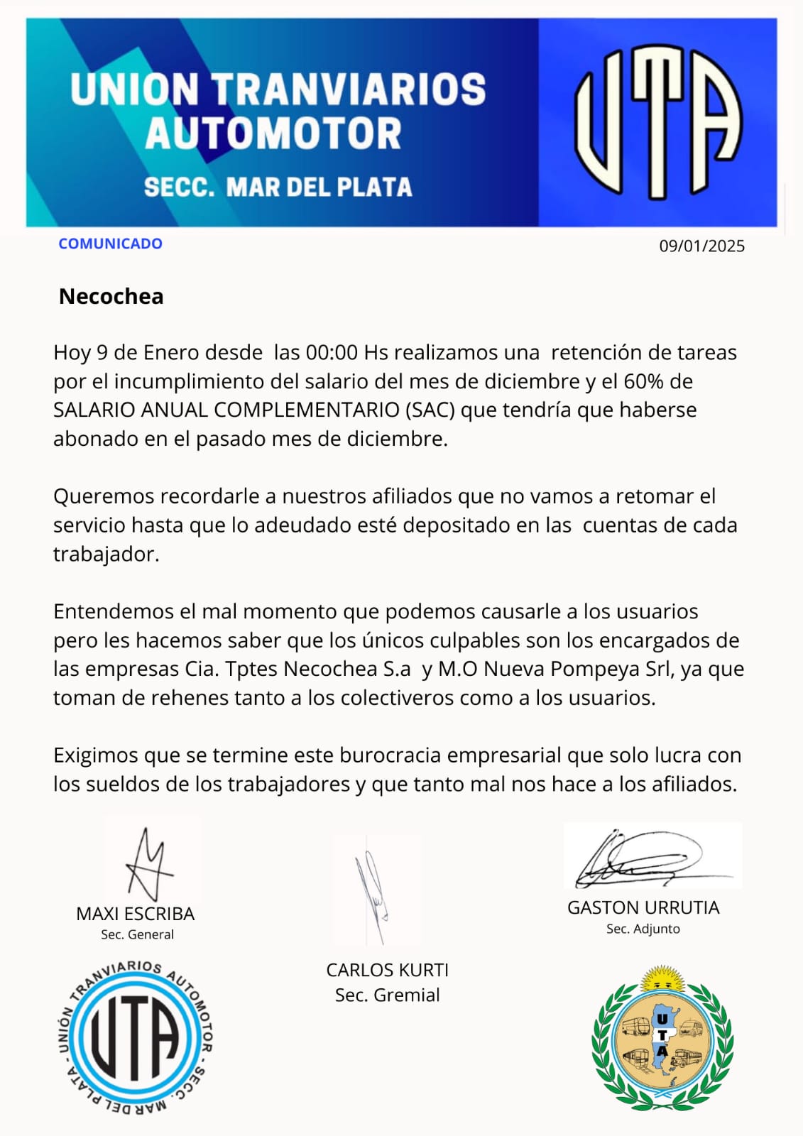 Paro de colectivo. Comunicado 